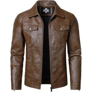 HOOD CREW Mens Casual Li"Hghtweight Faux Leather Motorcycle Leather Jacket Coats